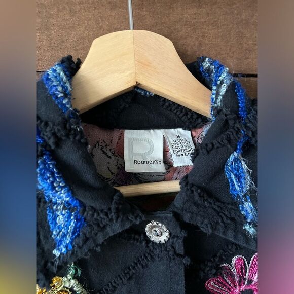 Vintage 90s Roaman’s 100% Cotton Black Floral Embroidered Button Front Jacket - Picture 7 of 12